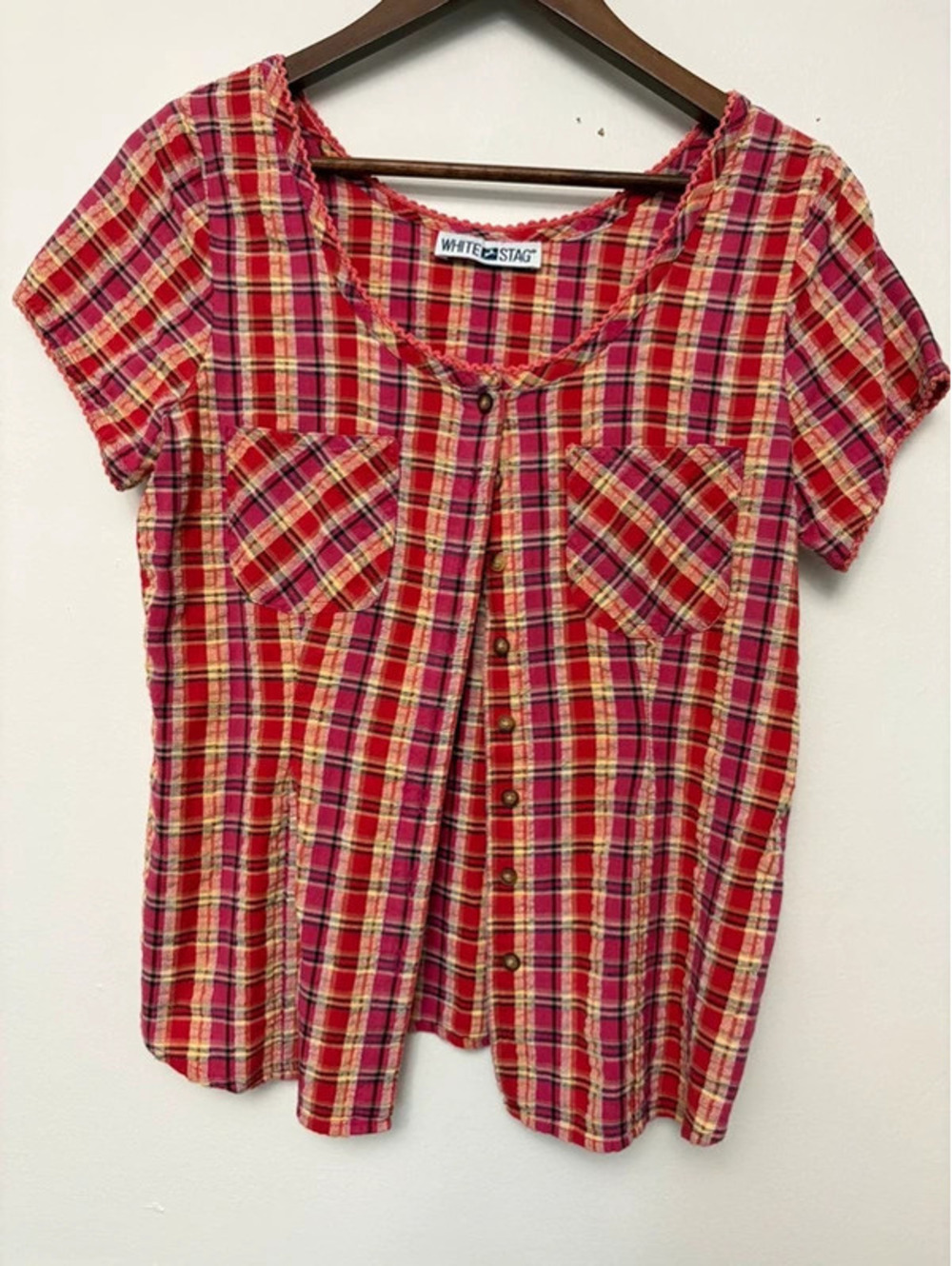 Y2K White Stag Pink Plaid Babydoll Button Front Blouse Estimated Size Medium